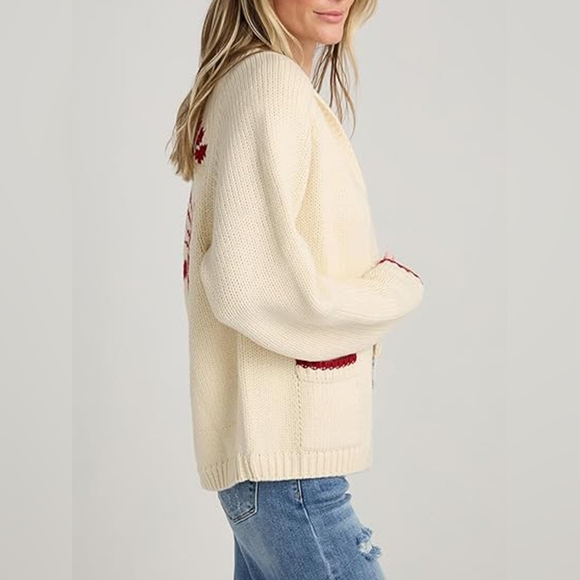 Contrasting Lobster Coastal Print Knit Cardigan Button Long Sleeve Patch Pocket - Picture 2 of 6